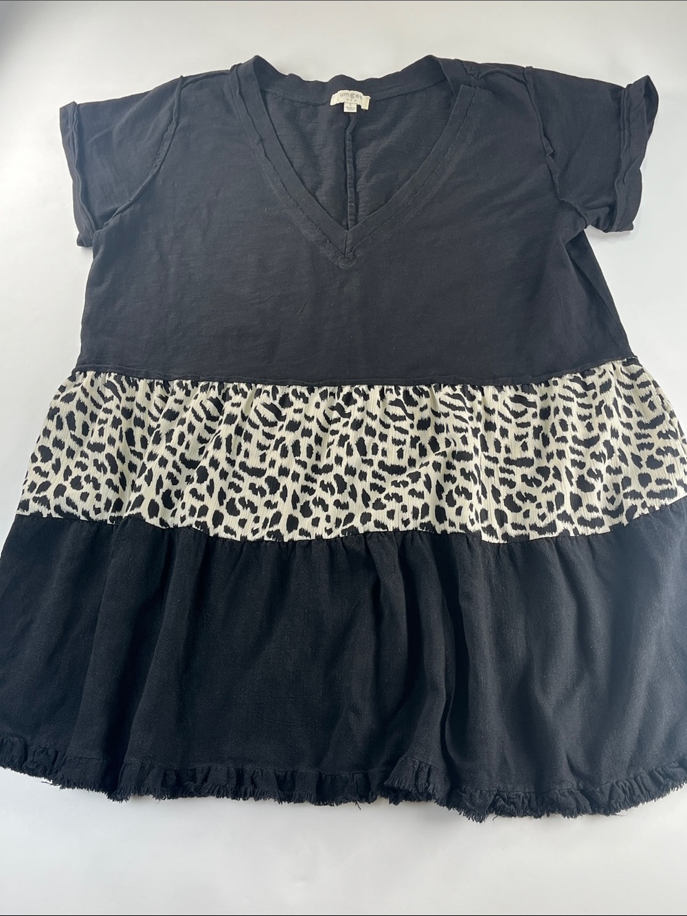Umgee Black Tiered Mini Dress with Leopard Print Panel Sz L